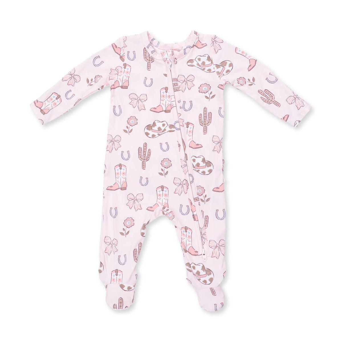Cowgirl Boots and Bows 2 Way Ruffle Back Zipper shop at boltranchstore.com baby western wear