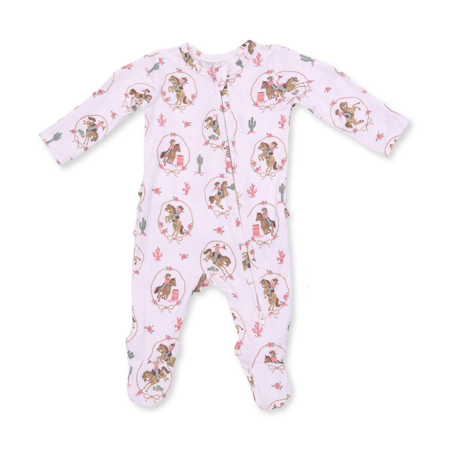 Cowgirl Cameos 2 Way Ruffle Back Zipper Footie find at boltranchstore.com western baby clothing