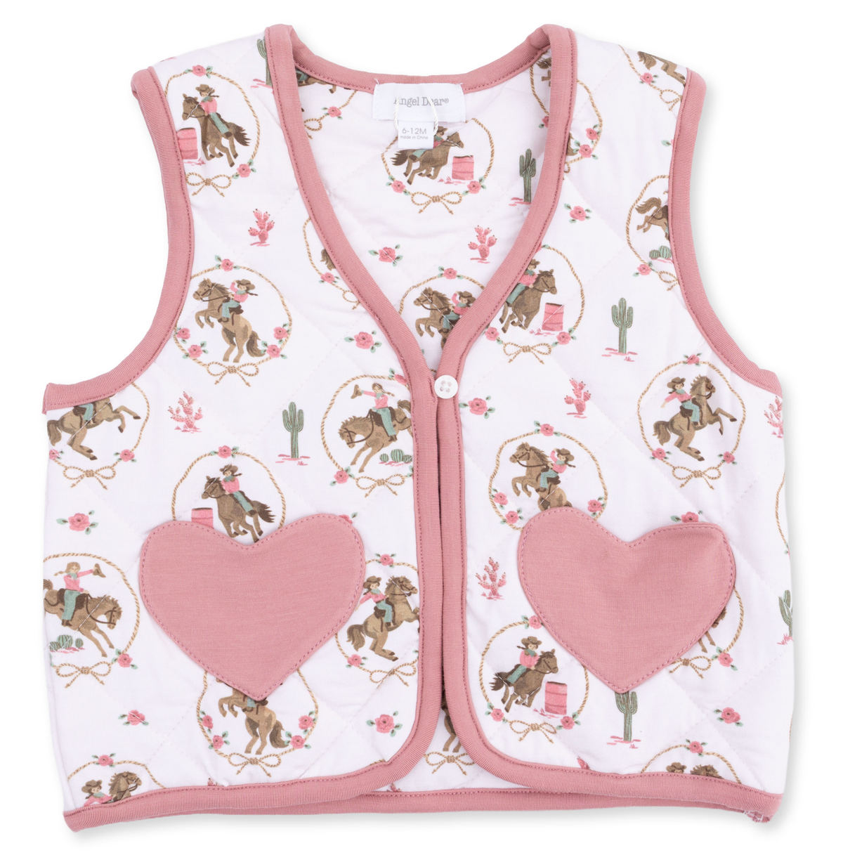 A white quilted baby vest with dusty pink trim and heart-shaped pockets, featuring a western-themed print of cowboy horses and cacti. Cowgirl Cameos Quilted Vest with Heart Pockets shop today at boltranchstore.com