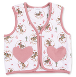 A white quilted baby vest with dusty pink trim and heart-shaped pockets, featuring a western-themed print of cowboy horses and cacti. Cowgirl Cameos Quilted Vest with Heart Pockets shop today at boltranchstore.com