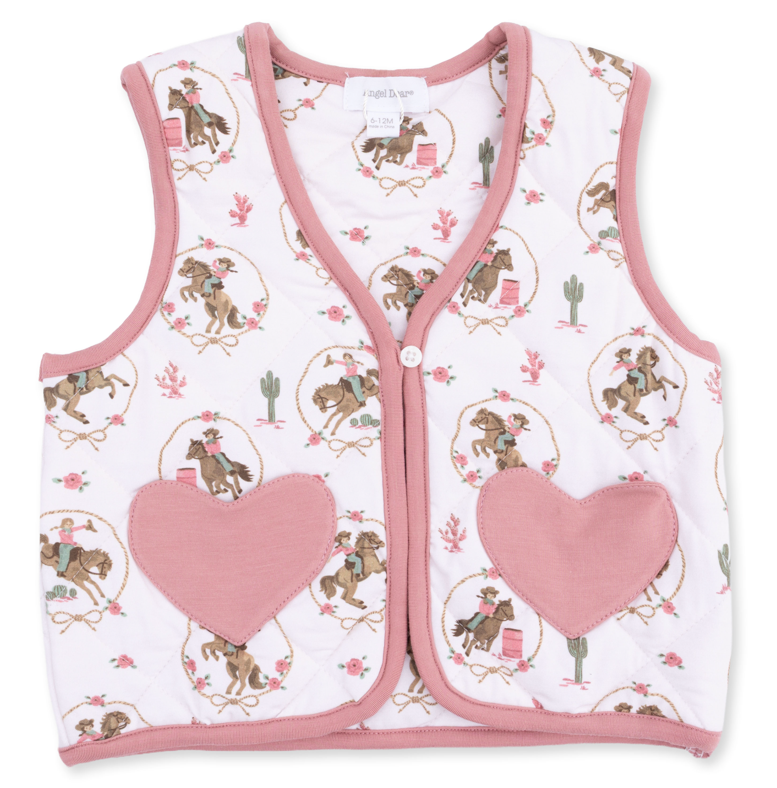 A white quilted baby vest with dusty pink trim and heart-shaped pockets, featuring a western-themed print of cowboy horses and cacti. Cowgirl Cameos Quilted Vest with Heart Pockets shop today at boltranchstore.com