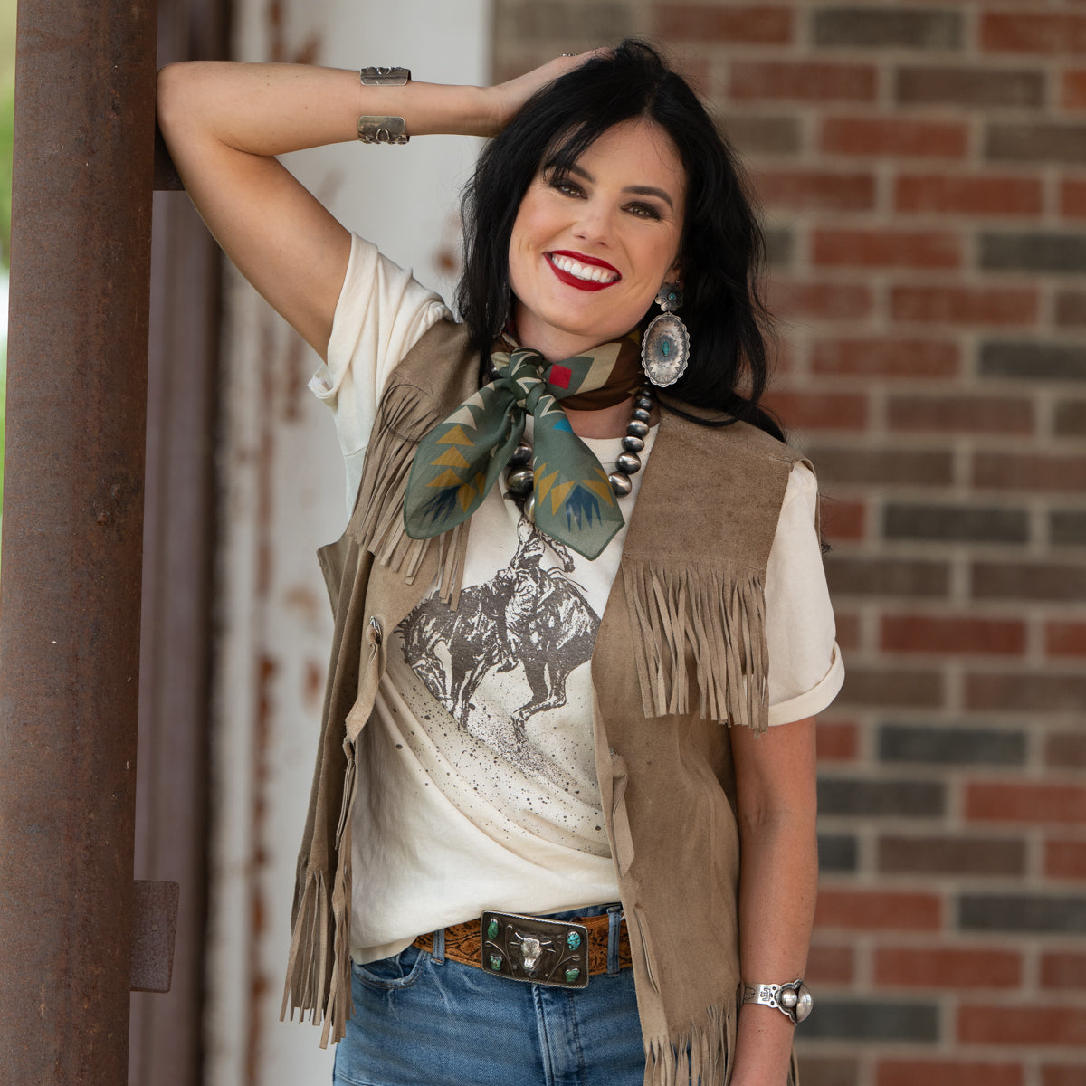 Fringe Cross Me Bandana Sage cotton with a splash of silk in sage western clothing