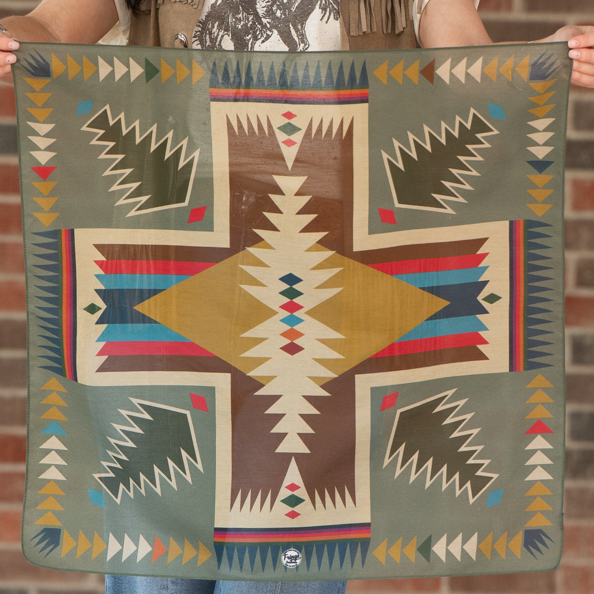 Fringe Cross Me Bandana Sage southwestern cross design on a sage ground womens western boutique Utah SKU BANDCRSMESAGE0563