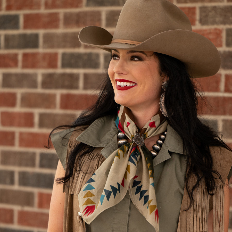 Fringe Cross Me Bandana Tan goes with a cowboy hat and vest Kamas