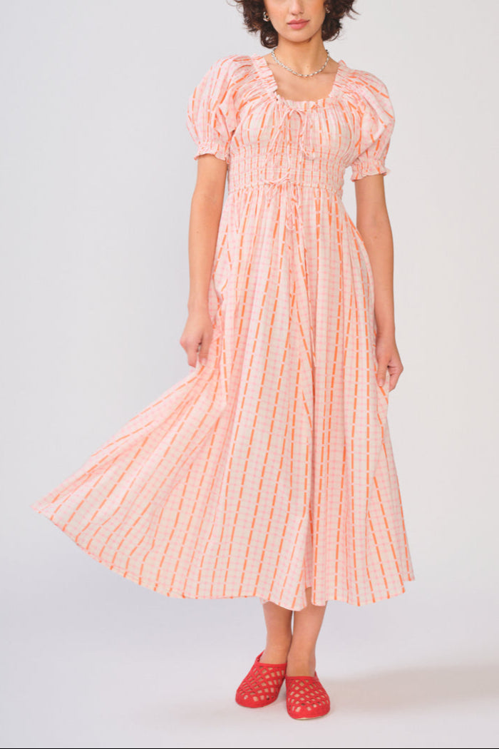 Tina Dress  dRa DS1320E blush coral plaid scoop neck elastic sleeve short sleeve Doen at Boltranchstore.com free shipping