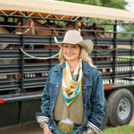 Fringe Scarves Gallo Del Cielo Silk Scarf Tan vintage western sign painting style lettering cowgirl