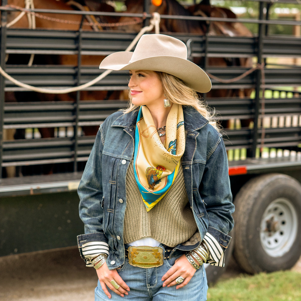 Fringe Scarves Gallo Del Cielo Silk Scarf Tan folded into a triangle and tied cowboy style rodeo style