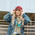 Fringe Scarves Gallo Del Cielo Silk Scarf Tan Fringe logo on center edge ranch wear