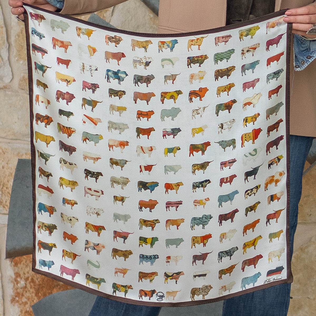 Fringe Big Pasture Silk Scarf Dolan Geiman colorful herd of cattle collage on a light ground womens western boutique Utah SKU SCRFBGPSH25016