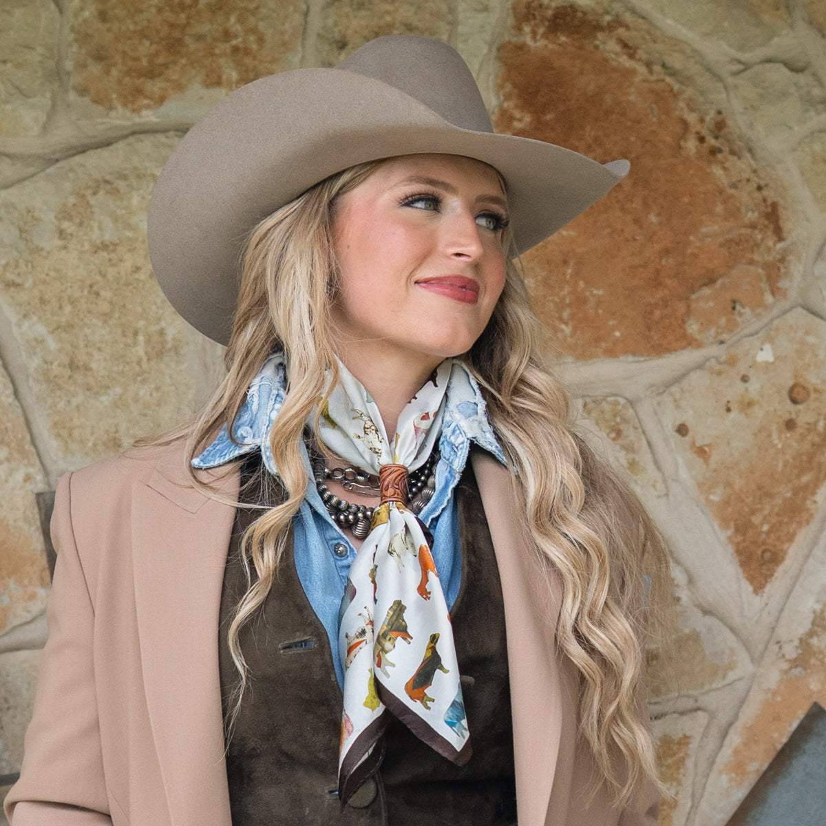 Fringe Big Pasture Silk Scarf pairs with fringed suede and leather jackets Kamas
