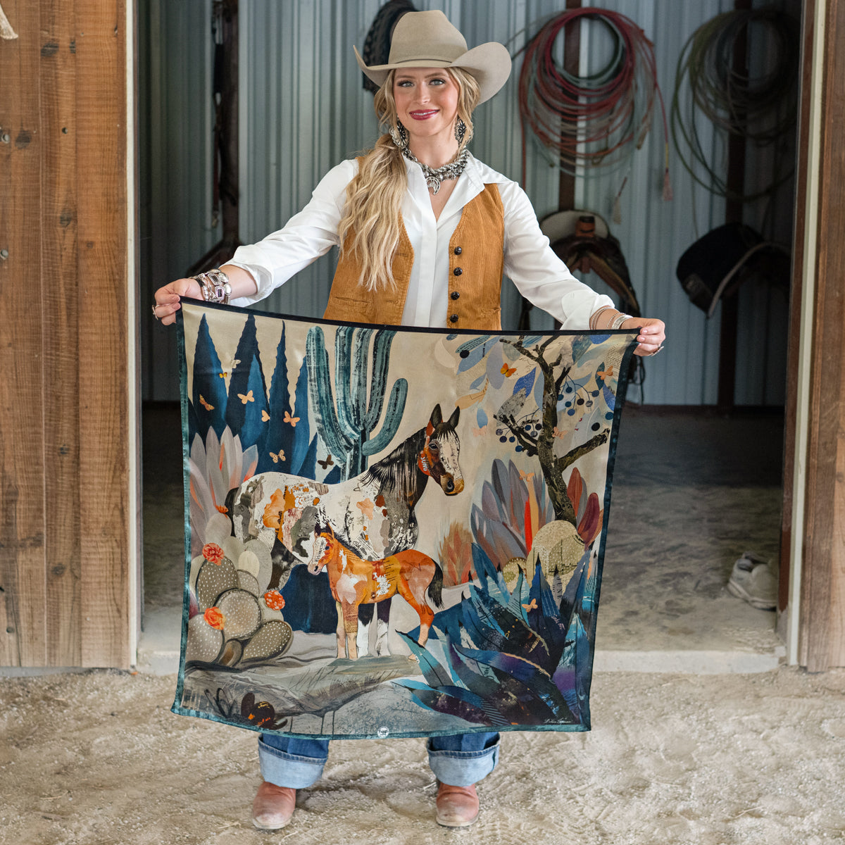Fringe Blue Melodies Silk Scarf holds a scarf slide at the collar ranch wear Kamas