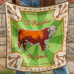 Fringe Scarves Toro Grande Silk Scarf Hereford bull with branding iron motifs on a 60s green ground with orange and tan womens western boutique Utah SKU SCRFTRGDSH25062