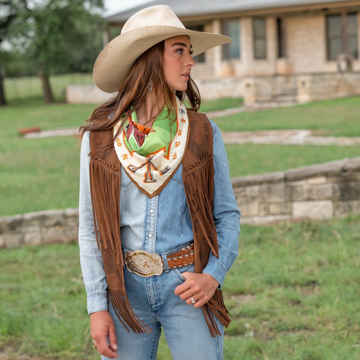 Fringe Scarves Toro Grande Silk Scarf tied short and snug at the collar rodeo