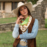 Fringe Scarves Toro Grande Silk Scarf tied as a classic wild rag at the neck Park City