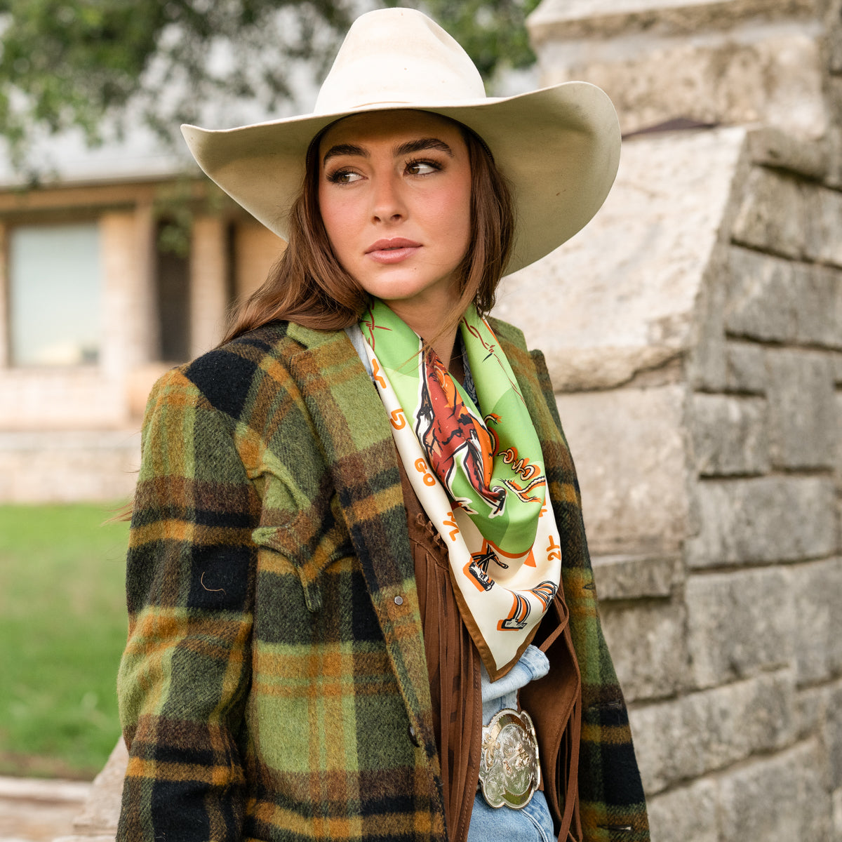 Fringe Scarves Toro Grande Silk Scarf tied with a scarf slide for a polished finish cowgirl