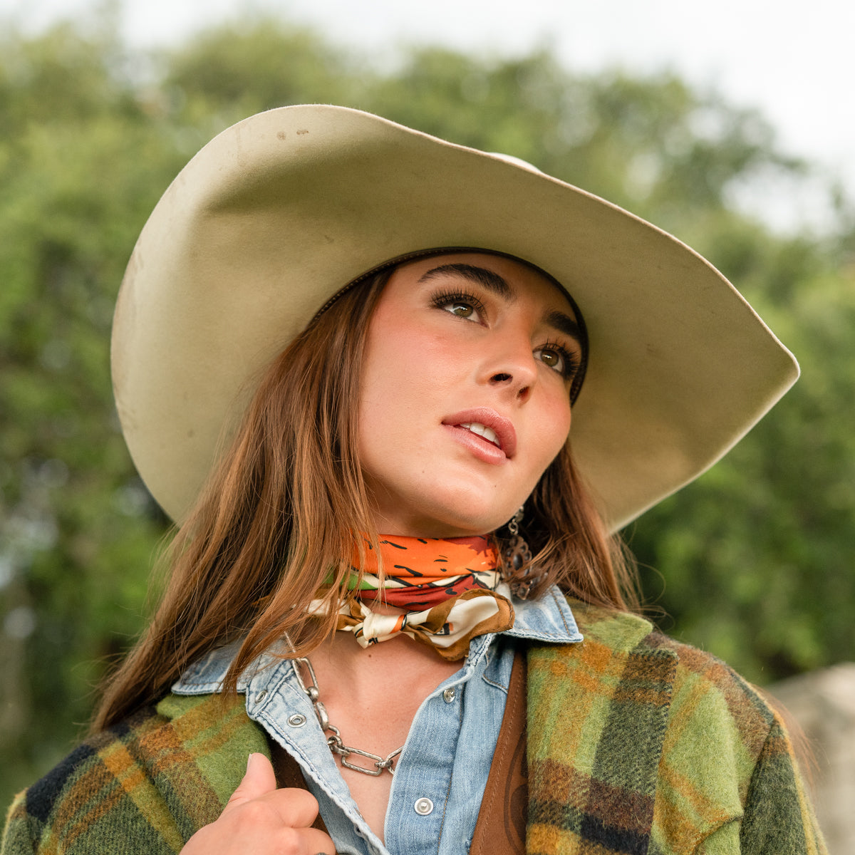 Fringe Scarves Toro Grande Silk Scarf layered over a western snap shirt ranch wear Kamas