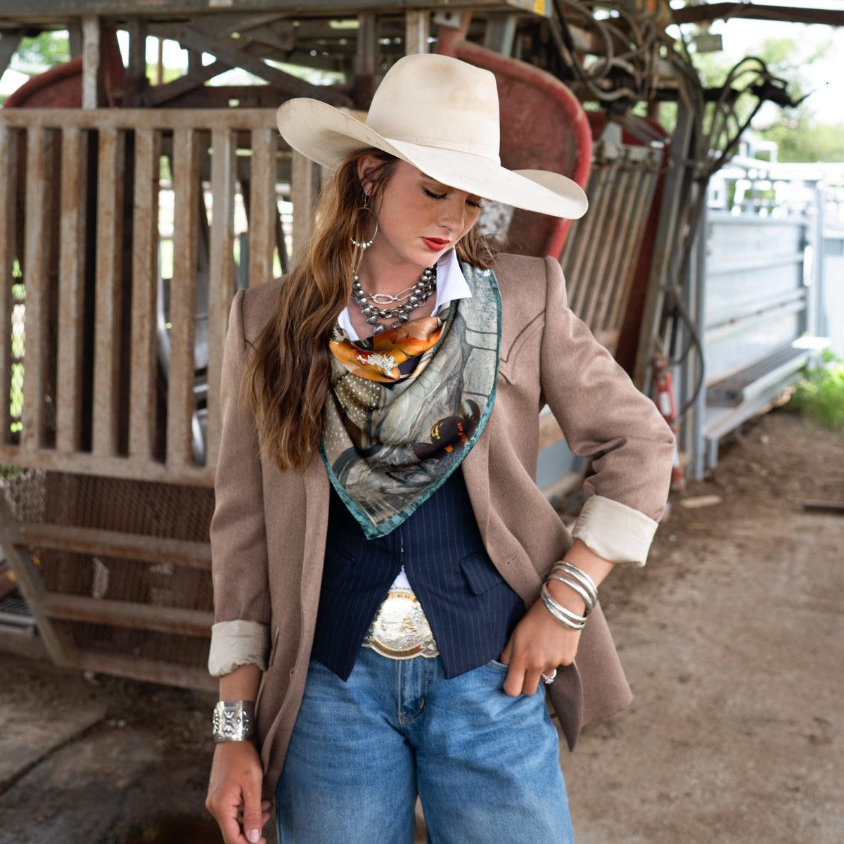 Fringe Blue Melodies Silk Scarf layers over a western snap shirt womens western clothing