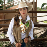Fringe Scarves Toro Grande Silk Scarf paired with a felt cowboy hat for ranch wear western clothing Utah
