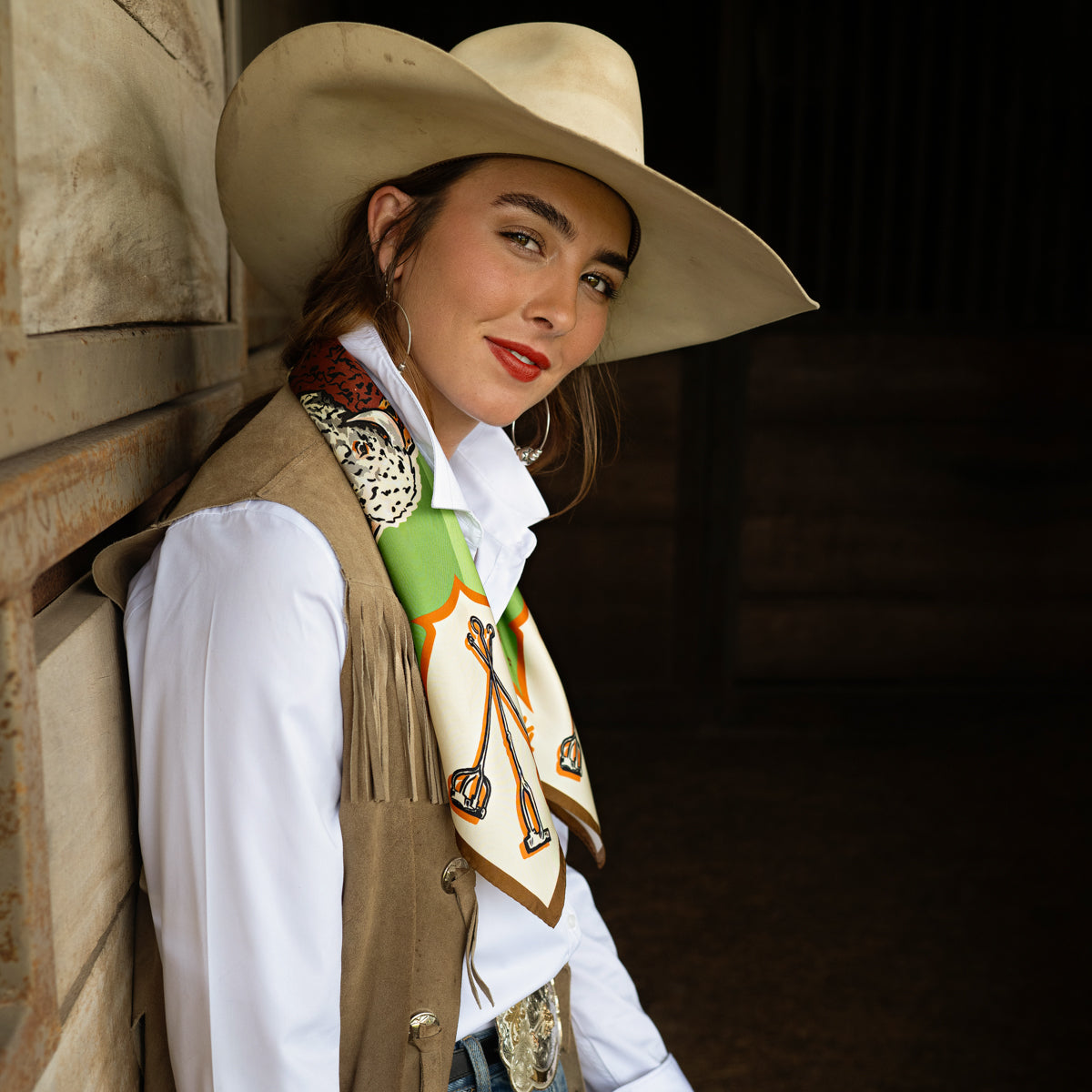 Fringe Scarves Toro Grande Silk Scarf folded into a triangle and tied cowboy style rodeo style