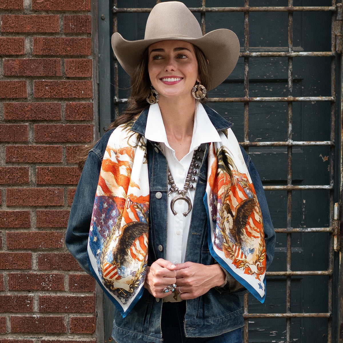 Fringe Cowboy Country Silk Scarf pairs with a denim jacket knotted loose Park City