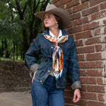 Fringe Cowboy Country Silk Scarf holds a scarf slide at the collar ranch wear Kamas