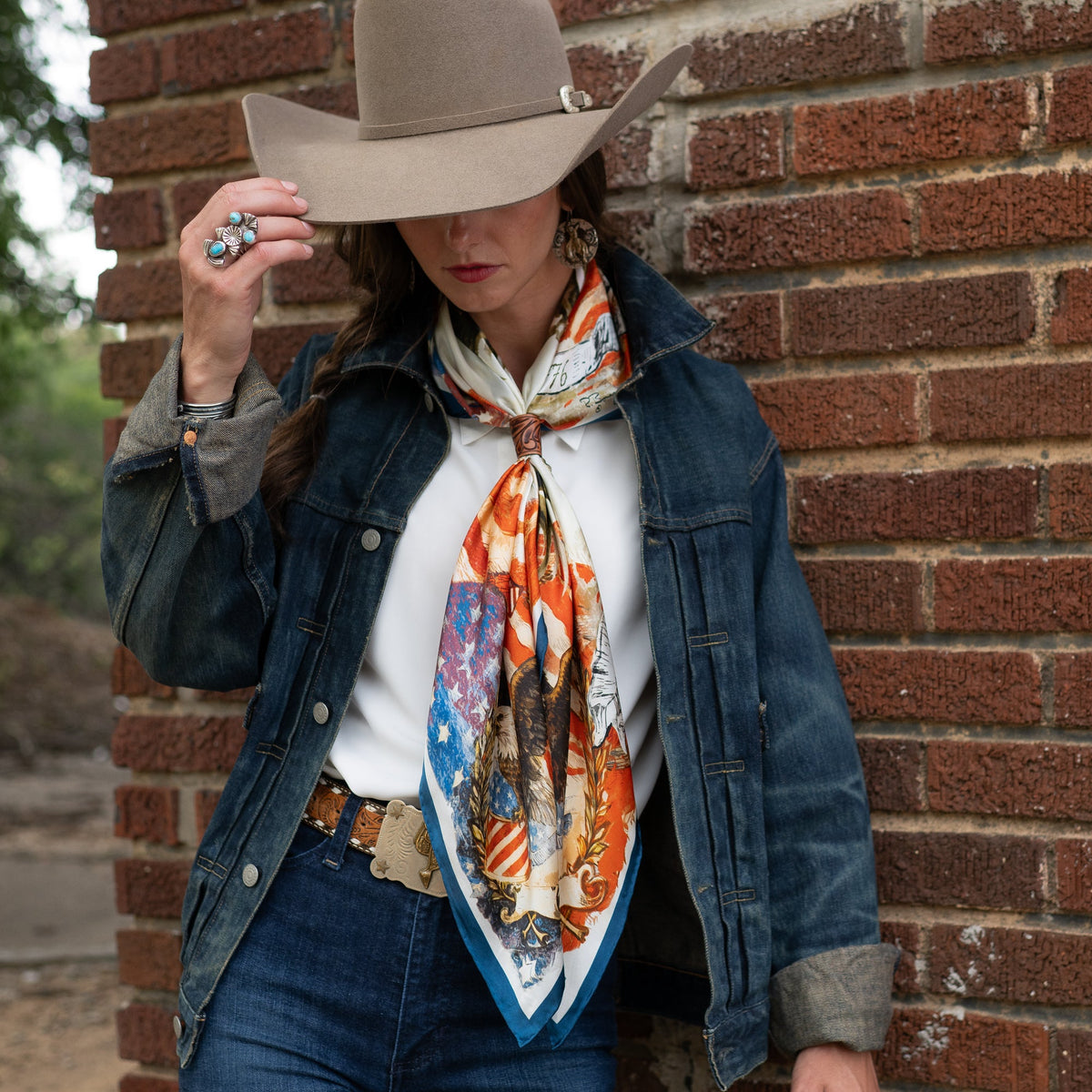 Fringe Cowboy Country Silk Scarf goes with a felt or straw cowboy hat cowboy