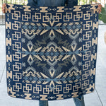 Fringe Willow Navy Silk Scarf worn Navajo blanket inspired pattern in navy tan off white and chambray womens western boutique Utah SKU SCRFWILLNAVY0356