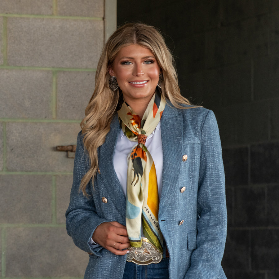 Fringe The Stray Silk Scarf pairs with a denim jacket knotted loose Park City