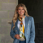 Fringe The Stray Silk Scarf pairs with a denim jacket knotted loose Park City