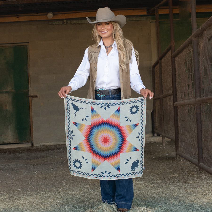 Fringe Sun StarQuilt Off White soft lightweight bandana with a sheer hand cowgirl