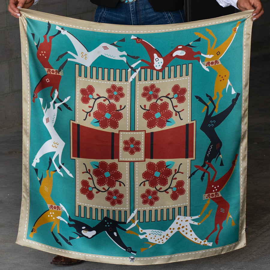 Fringe Journey Silk Scarf Turquoise plains inspired pattern of browns gold tan and white on a turquoise ground womens western boutique Utah SKU SCRFJRNYTURQSH0538