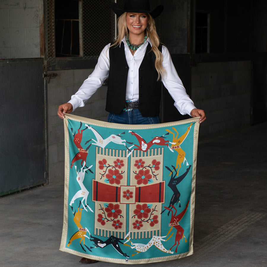 Fringe Journey Silk Scarf Turquoise made to tie as a classic wild rag at the neck western fashion