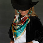 Fringe Journey Silk Scarf Turquoise Shorty 26 inch or Long Tall 35 inch square size rodeo