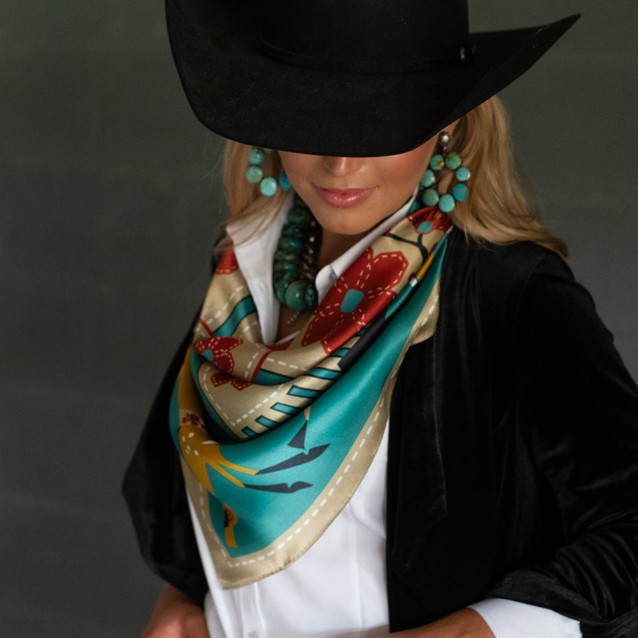 Fringe Journey Silk Scarf Turquoise Shorty 26 inch or Long Tall 35 inch square size rodeo