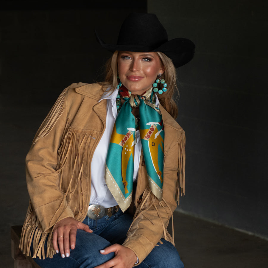 Fringe Journey Silk Scarf Turquoise one inch Fringe logo on the center edge ranch wear