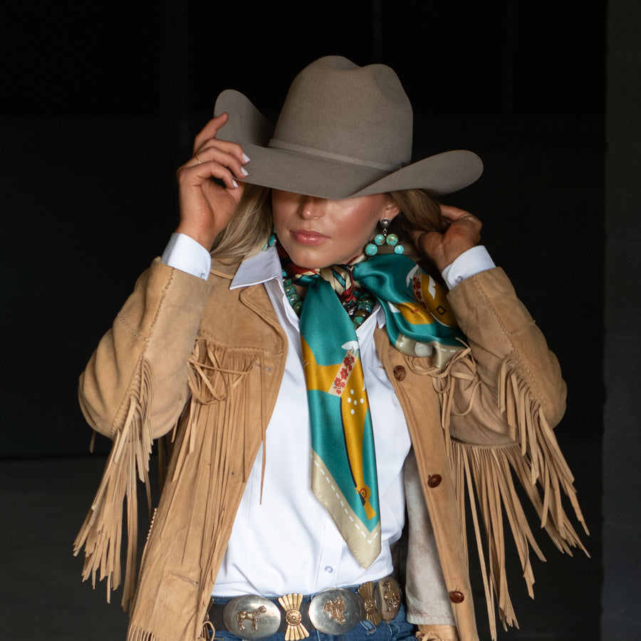 Fringe Journey Silk Scarf Turquoise 100 percent satin silk in turquoise western clothing