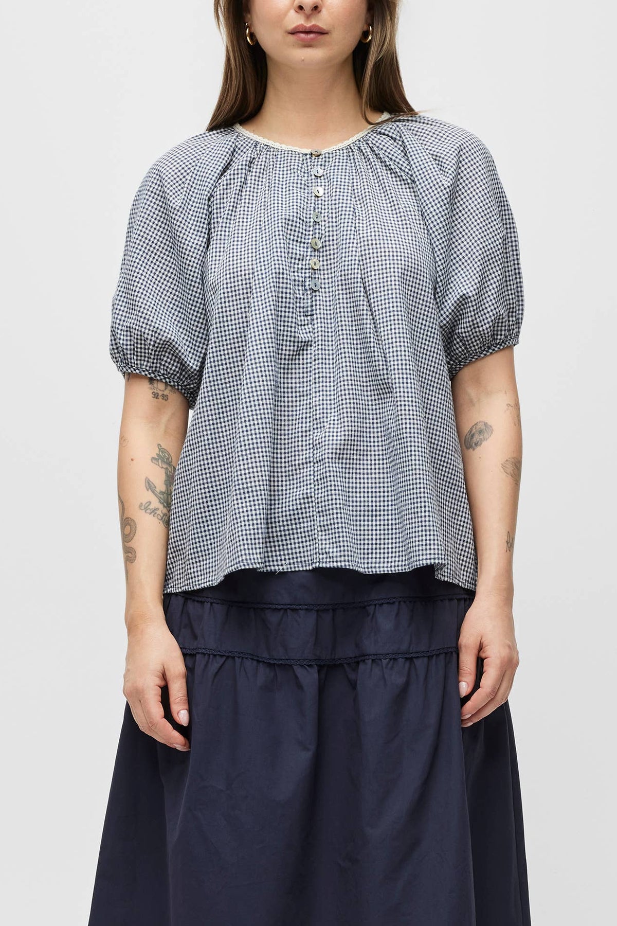 Delia Babydoll Top womens gingham navy button quarter lace collar puff sleeve Boltranchstore.com Free Shipping delia lightweight cotton shirt