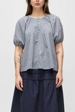 Delia Babydoll Top womens gingham navy button quarter lace collar puff sleeve Boltranchstore.com Free Shipping delia lightweight cotton shirt