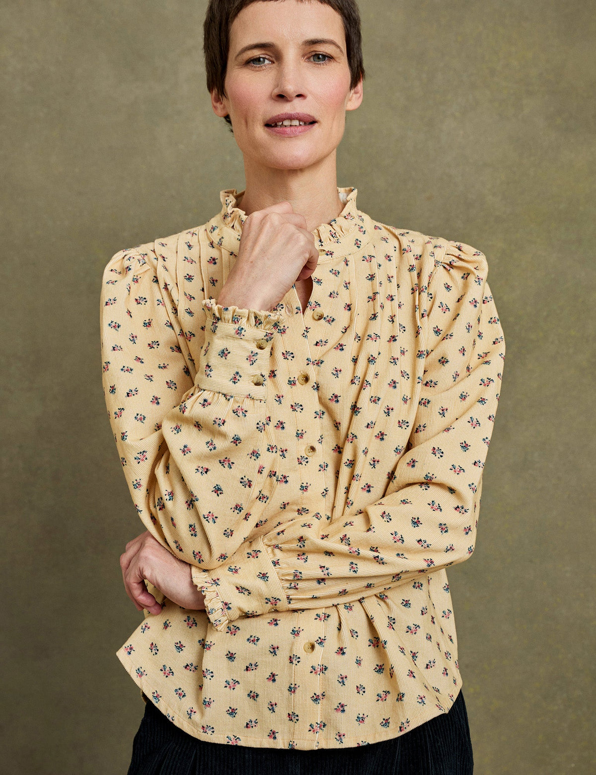Penelope Chilvers Dervla Cord Blouse long sleeves with gathered cuffs in soft baby cord ranch wear