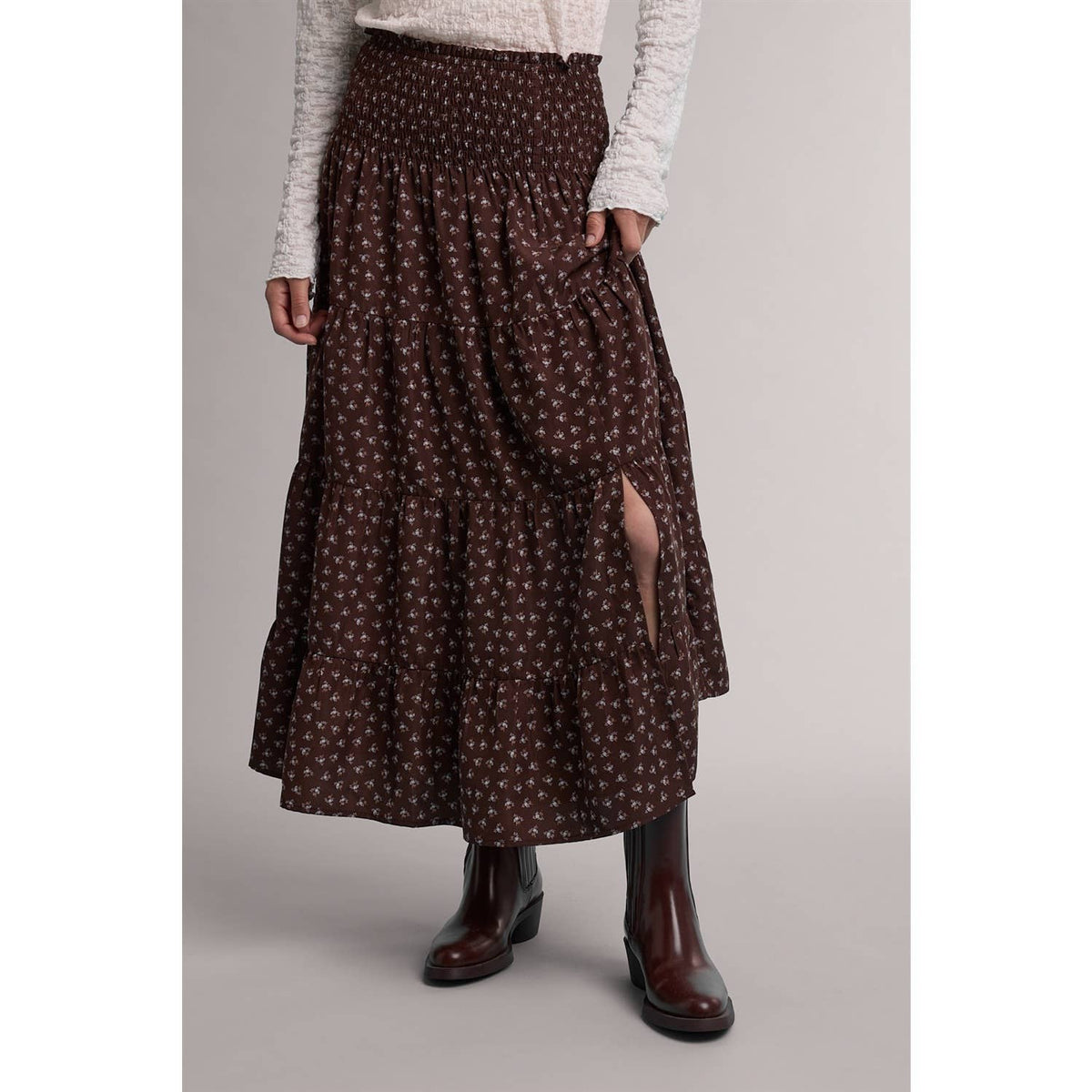 Ditsy Womens Floral Midi Skirt at boltranchstore.com brown floral skirt in stock free shipping summer skirt dress up or down skirt to wear with boots in stock