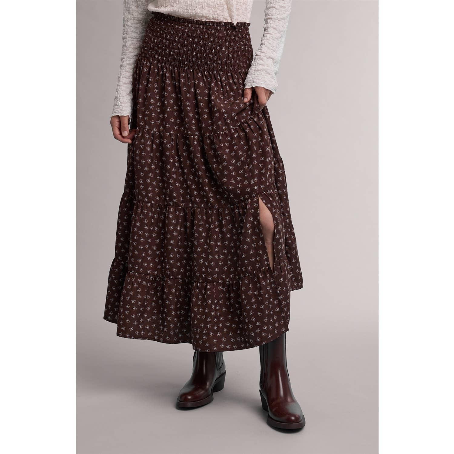 Ditsy Womens Floral Midi Skirt at boltranchstore.com brown floral skirt in stock free shipping summer skirt dress up or down skirt to wear with boots in stock