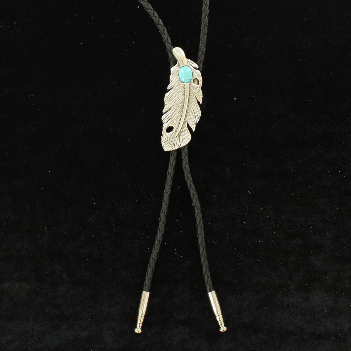 22104 Feather with Turquoise Slide Silver Bolo Tie