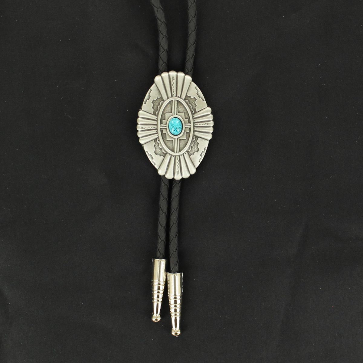 Double S Antique Oval Bolo Tie, Silver Turquoise