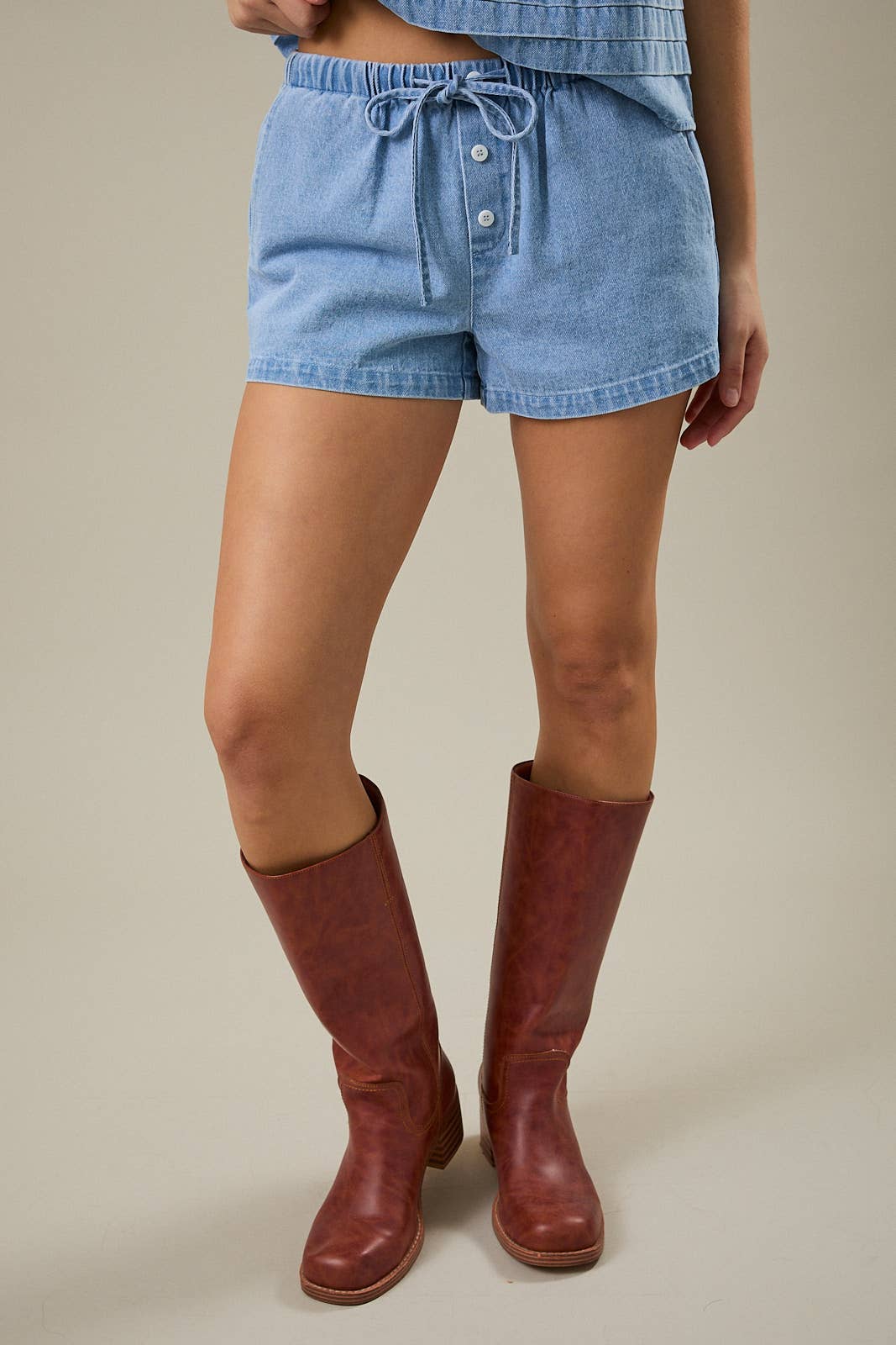 Drawstring Womens Denim Shorts shop at boltranchstore.com Le Lis coordinates with Molly denim top sleeveless summer outfit