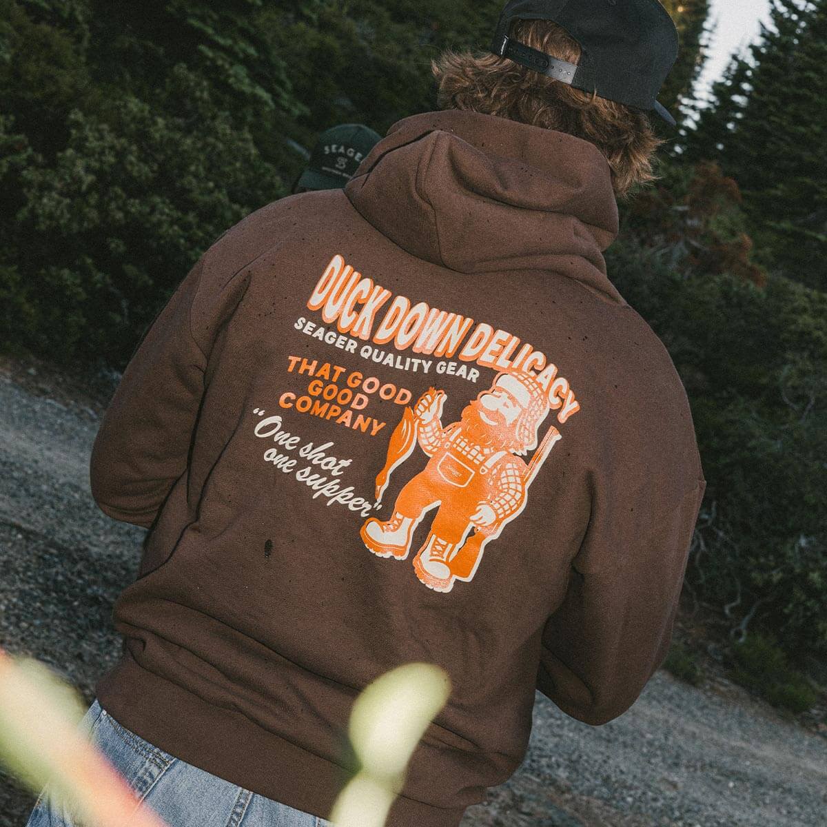 Seager Duck Down Delicacy Hoodie Brown field inspired graphic printed across the back cowboy