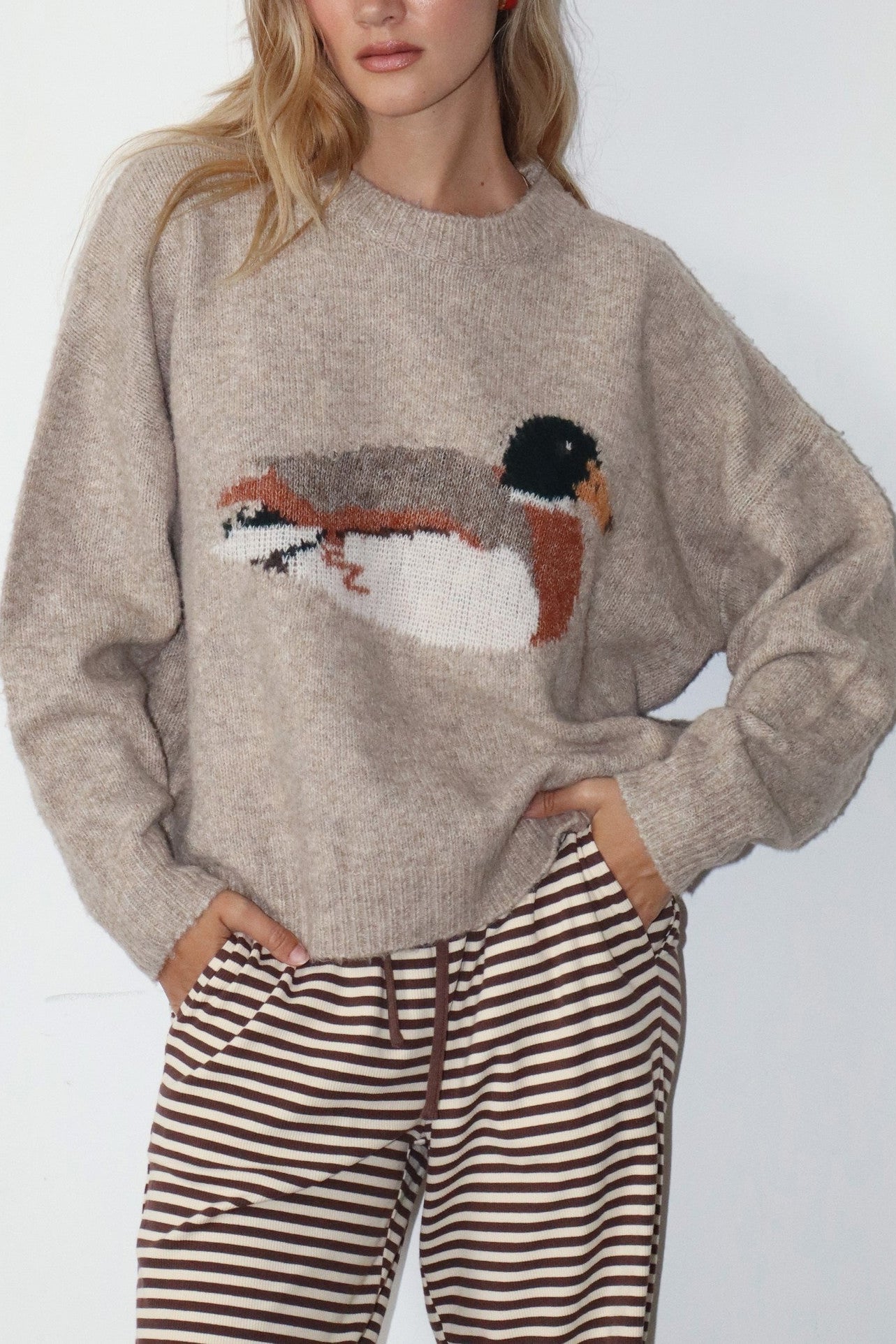 womens sand beige sweater with mallard duck sweater boltranchstore.com free shipping popular outdoor western fashion Bailey Rose BRW0280-51