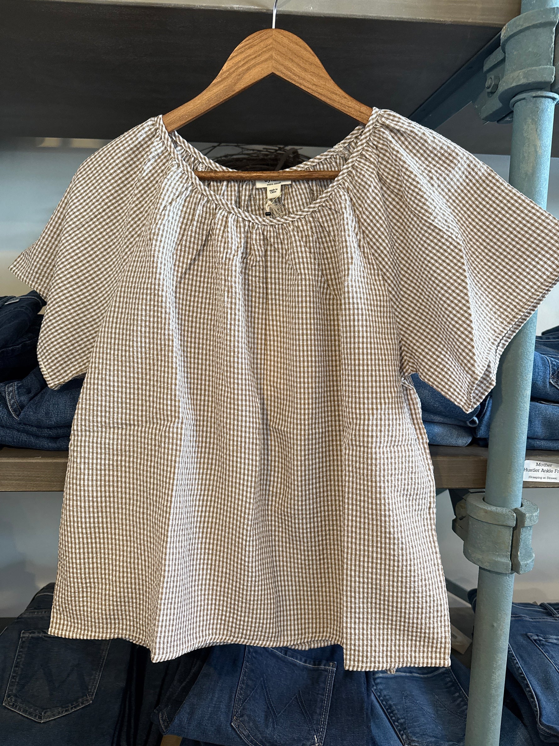 Dylan Womens Parker Raglan Top a sandy brown gingham short sleeve western womens apparel light weight shirt at boltanchstore.com