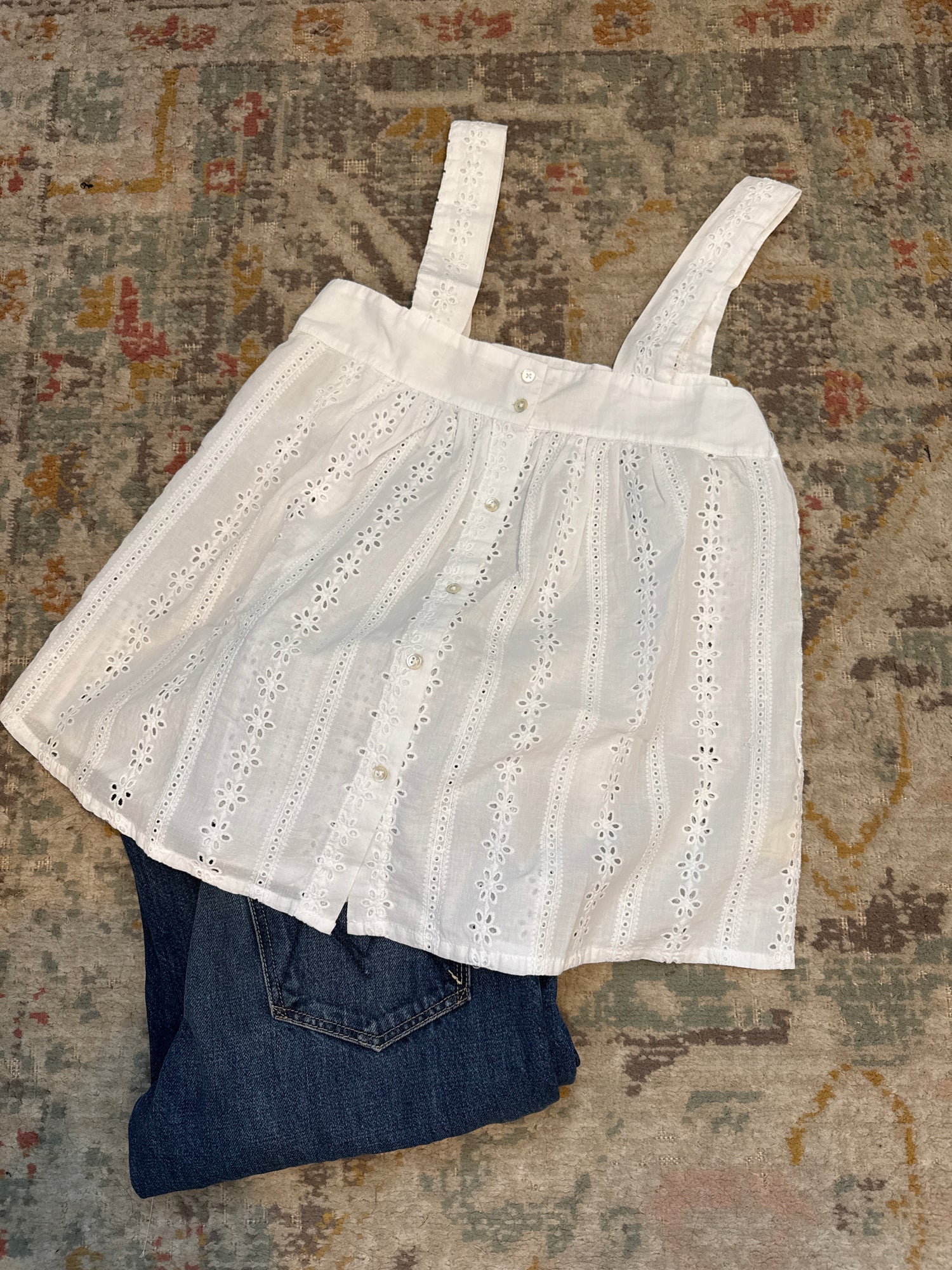 Dylan Womens Talulah Cami Top a white eyelet top in a full button up with shoulder straps a western top perfect for a denim skirt or 7 jeans at boltranchstore.com
