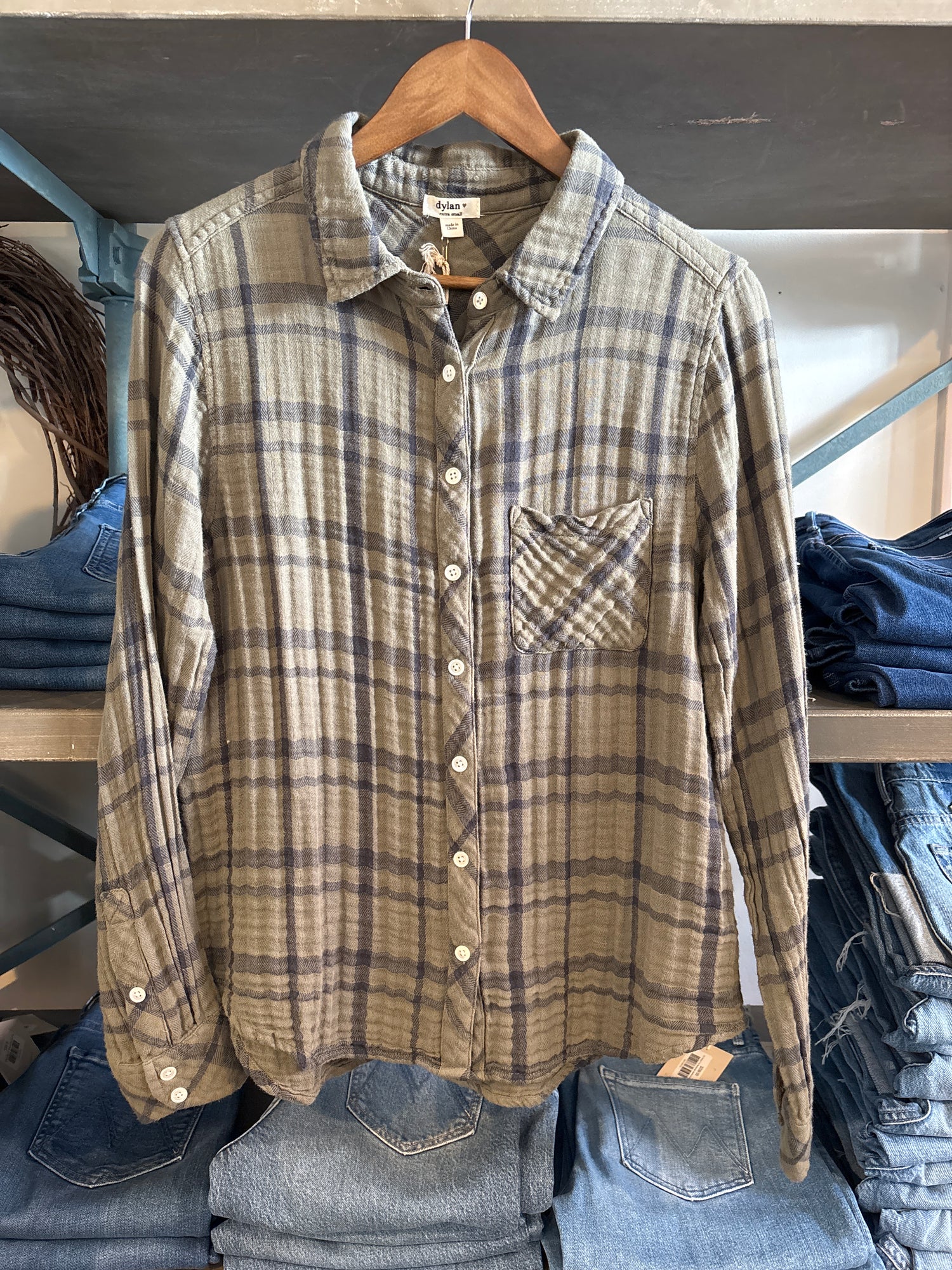 Dylan Womens Taylor Plaid Shirt Olive womens plaid button down gauze cotton top Boltranchstore.com free shipping Dylan clothing