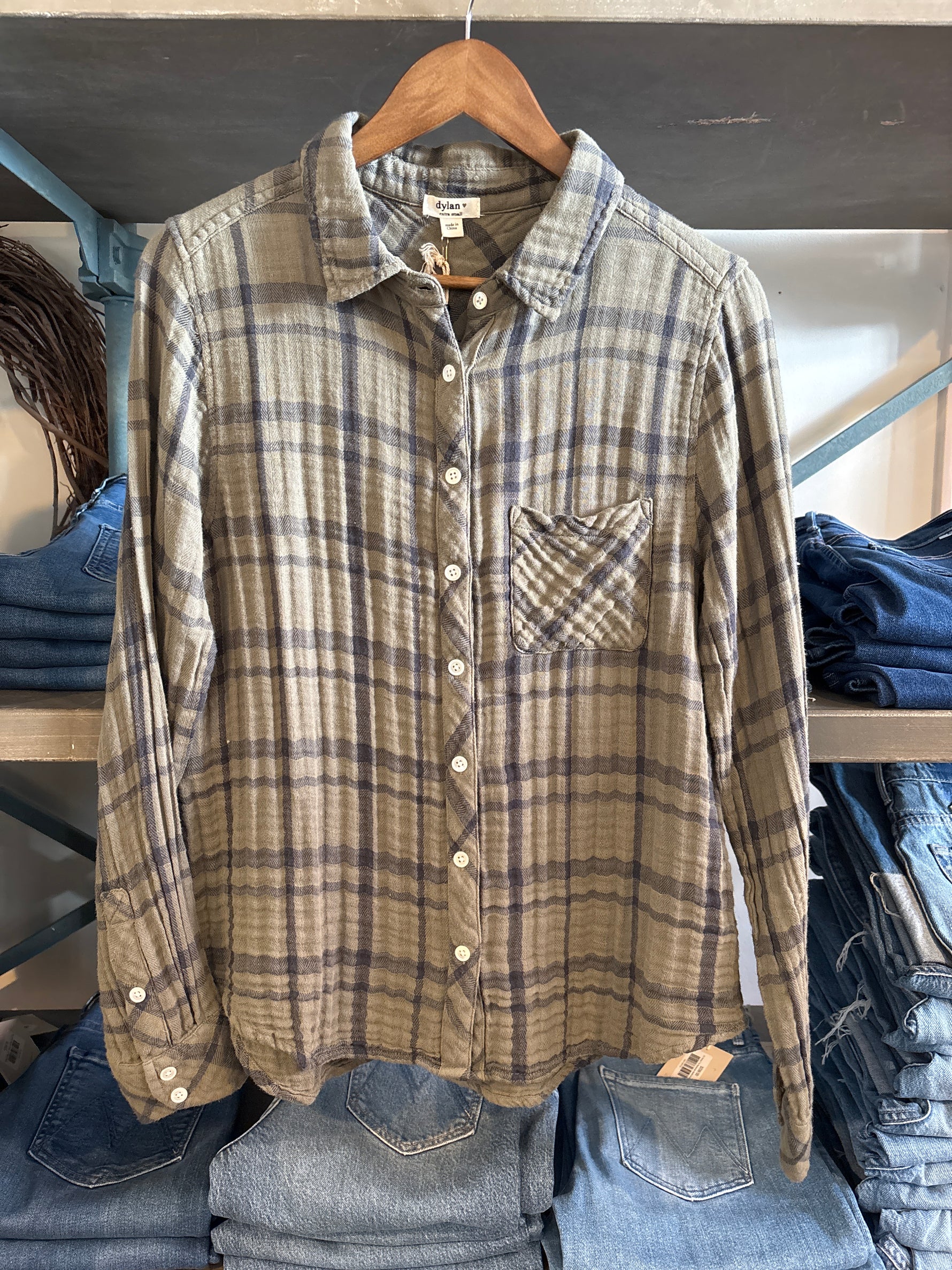 Dylan Womens Taylor Plaid Shirt Olive womens plaid button down gauze cotton top Boltranchstore.com free shipping Dylan clothing